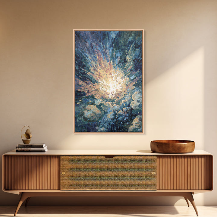 Radiant Ocean Light Burst In Blue Clouds Canvas Print, Abstract Painting, Dreamy Wall Art, Nature Scene Art, Home Decor Gift