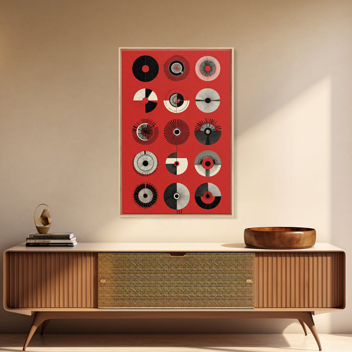 Red Tribal Sun Discs With Black Cream Circles Canvas Print, African Mask Art, Abstract Wall Art, Cultural Art Print, Bold Home Decor