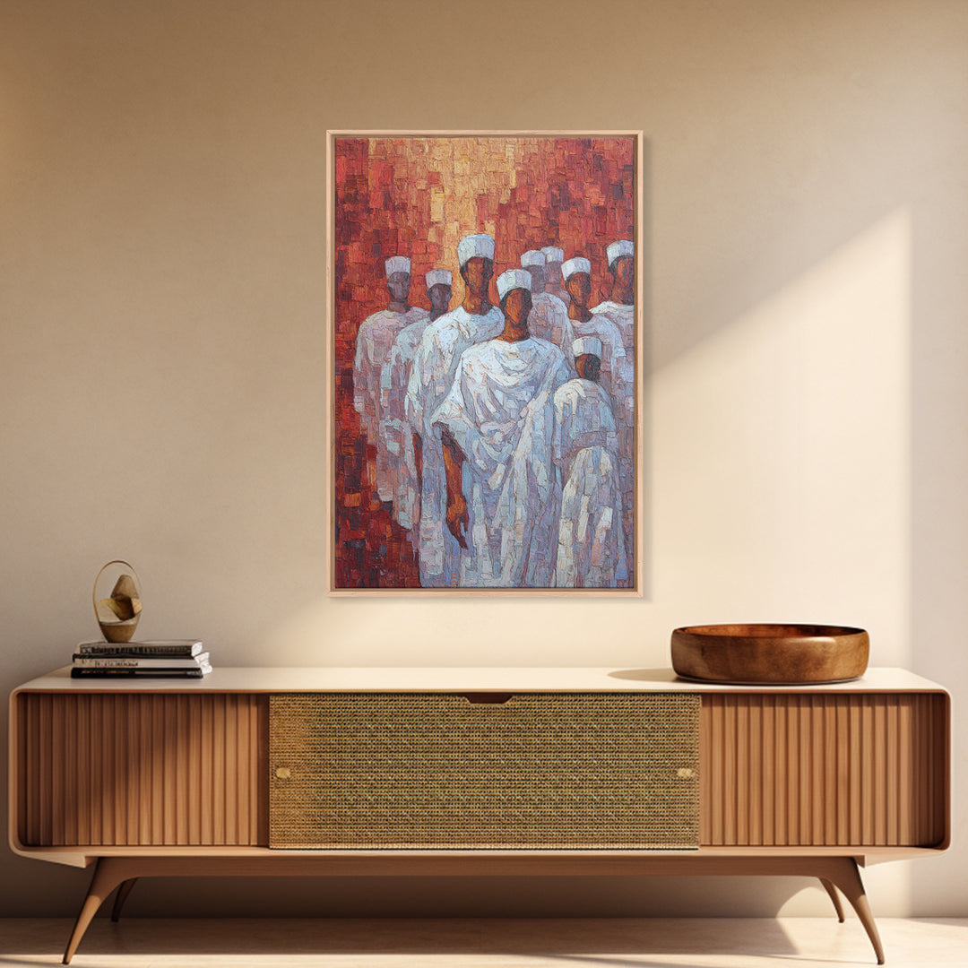 White Robed Figures In Red Impasto Framed Canvas Print, African Wall Art, Cultural Decor, Modern African Painting Gift For Home Decor