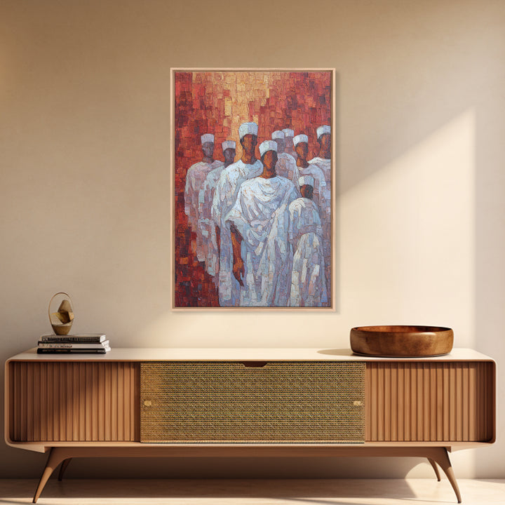 White Robed Figures In Red Impasto Framed Canvas Print, African Wall Art, Cultural Decor, Modern African Painting Gift For Home Decor