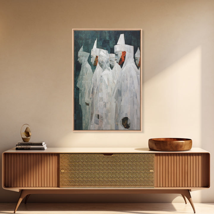 Abstract White Robed Figures On Teal Framed Canvas Print, African Wall Art, Modern Cultural Decor, Unique Home Gift For Living Room