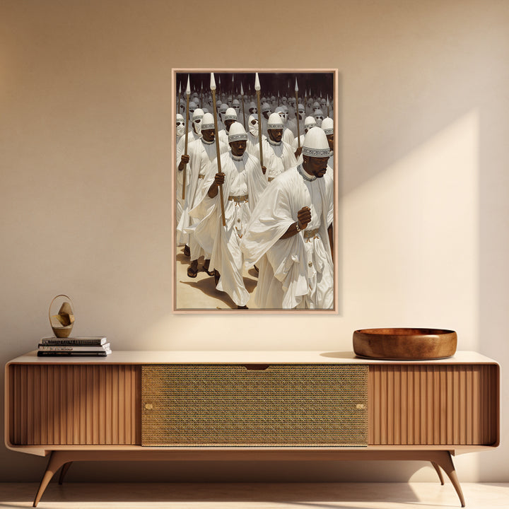 White Spear Bearer Procession In Sunlight Canvas Print, African Warrior Art, Cultural Wall Decor, Statement Gift For Him