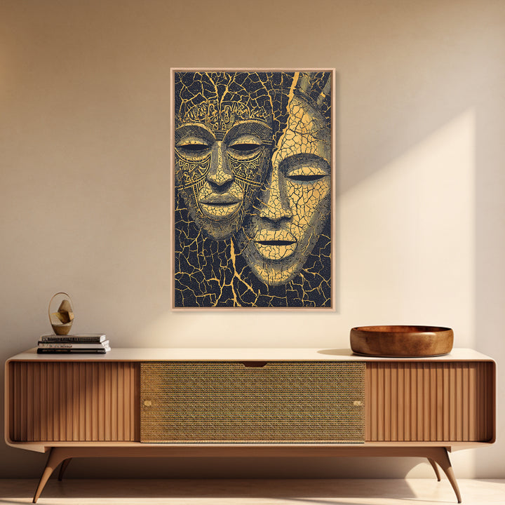 Gold Line African Mask Duo Wall Art, Tribal Mask Canvas Print, Black And Gold Decor, Afrocentric Cultural Home Decor Gift
