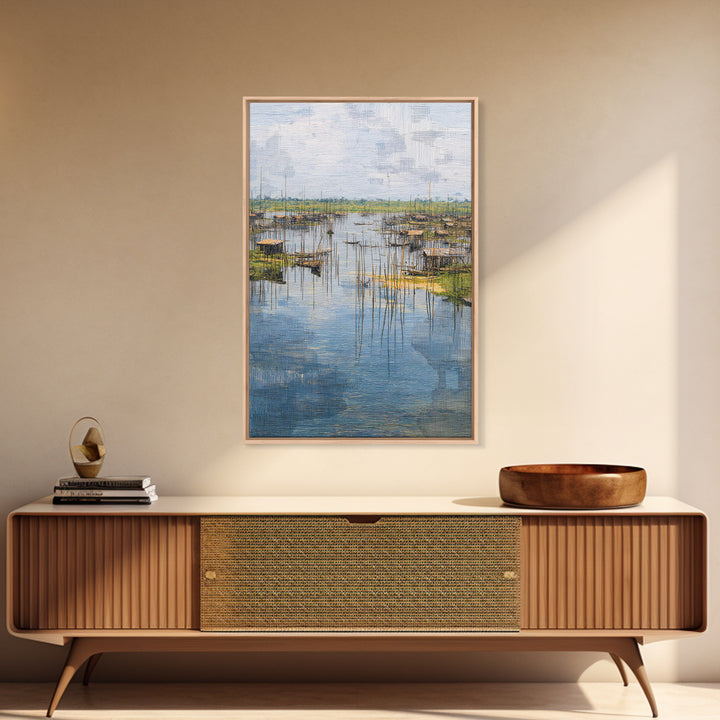Serene African Fishing Village Wall Art, Blue Wetland Landscape Canvas, Coastal Nature Scene, Textured Home Decor For Living Room