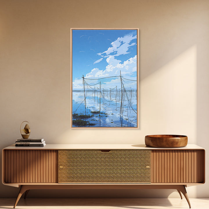 Blue Sky Fishing Nets Wall Art, Minimalist Coastal African Landscape Canvas, Serene Water Reflections, Bedroom Decor Gift