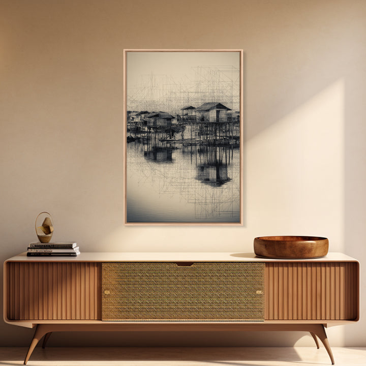 Monochrome Stilt Village Framed Canvas Print, African Fishing Huts Sketch, Minimalist Black Wall Decor For Office And Living Room