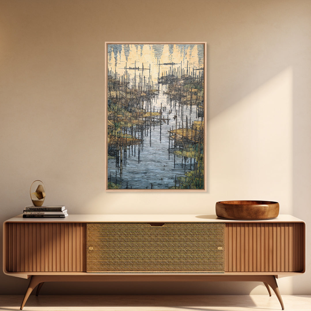 Intricate African Wetland Village Wall Art, Fishing Poles And Boats Canvas, Textured Landscape Decor For Living Room Gift