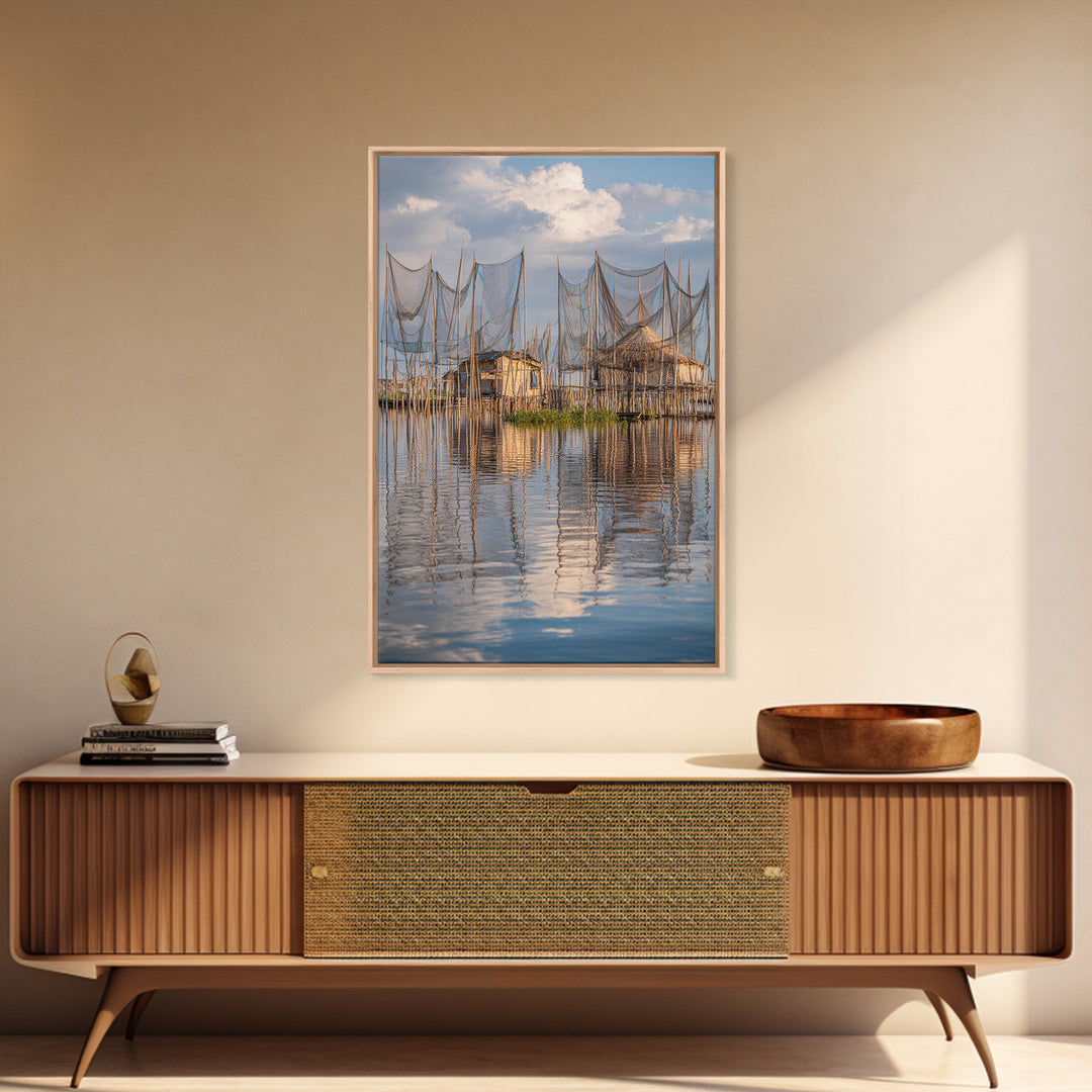 Sunlit Stilt Fishing Huts And Net Reflections Wall Art, Coastal Lake Village Canvas Print, Serene Blue Water Living Room Decor