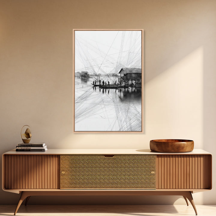 Black And White Fishing Village Sketch Wall Art, Fine Line Coastal Hut Drawing, Minimalist Lake House Decor For Gallery Walls