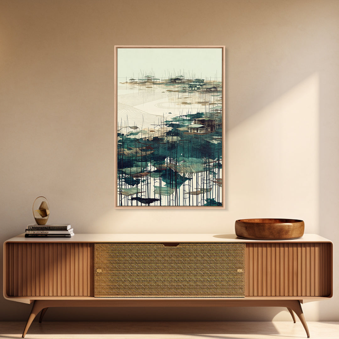 Minimal Teal Stilt Village Across Quiet Water Wall Art, Modern Coastal Landscape Canvas Print, Beige Green Living Room Decor