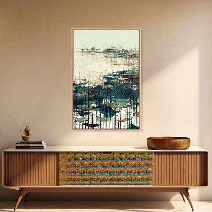Minimal Teal Stilt Village Across Quiet Water Wall Art, Modern Coastal Landscape Canvas Print, Beige Green Living Room Decor