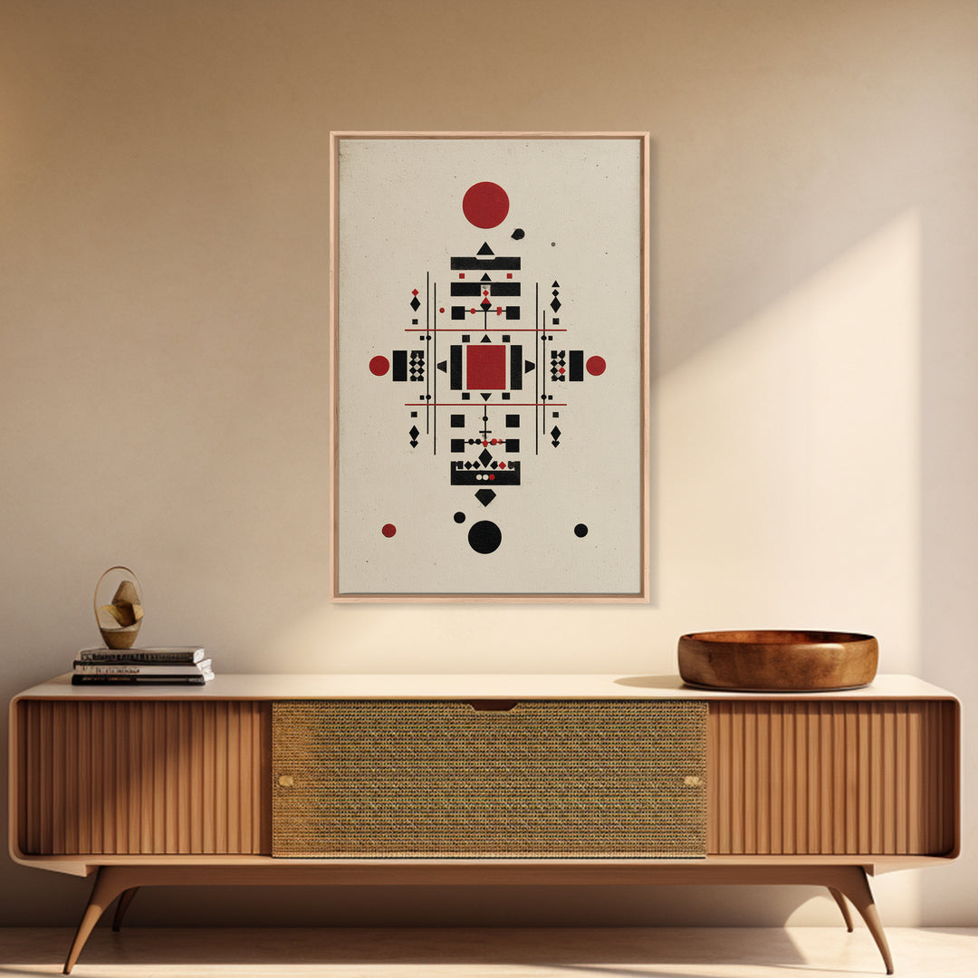 Red Black Tribal Geometry On Beige Canvas Print, African Inspired Abstract Wall Art, Minimalist Cultural Home Decor Gift