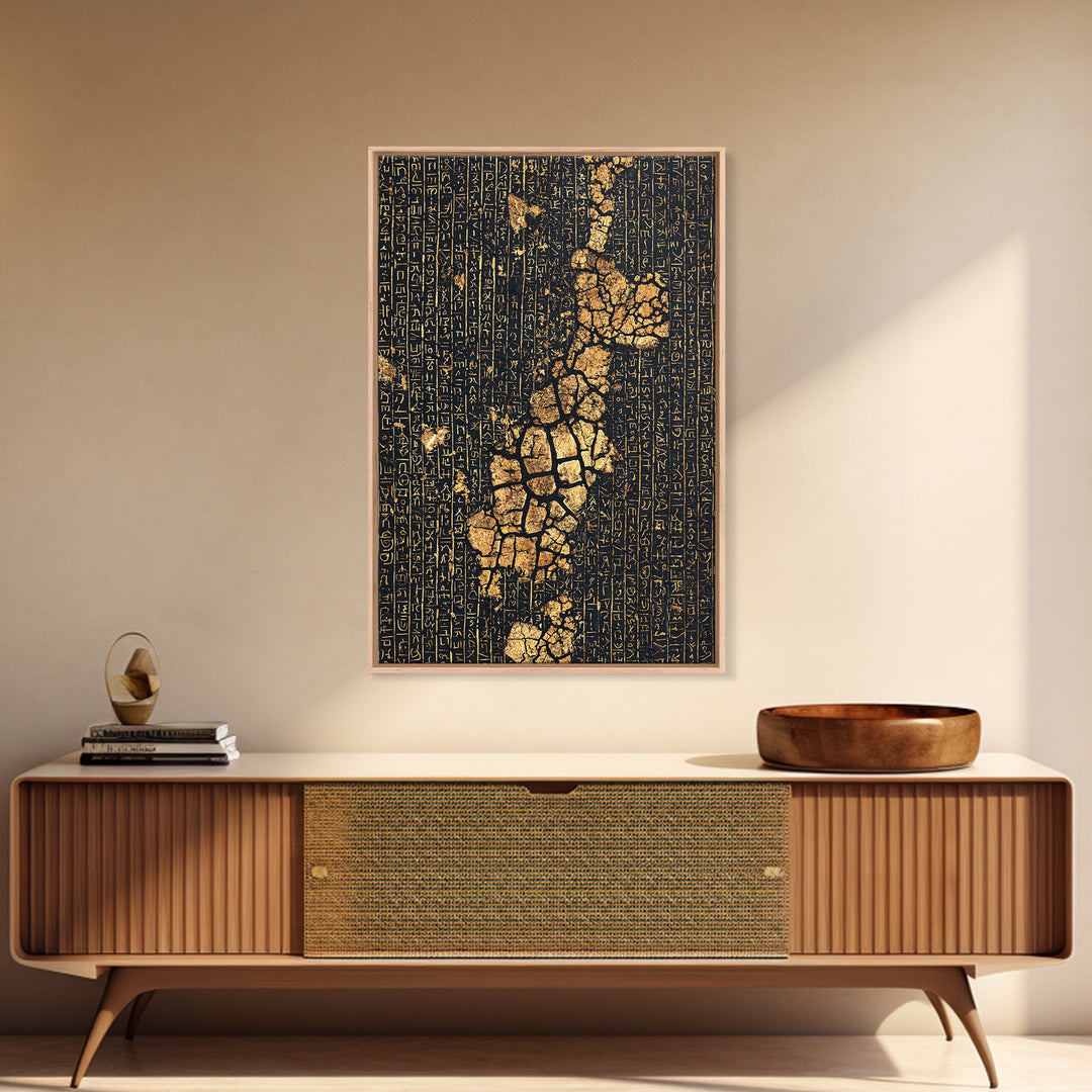 Ancient Gold Hieroglyph Map Wall Art, African Egyptian Art, Black And Gold Art, Cultural Wall Decor, Luxury Canvas Print