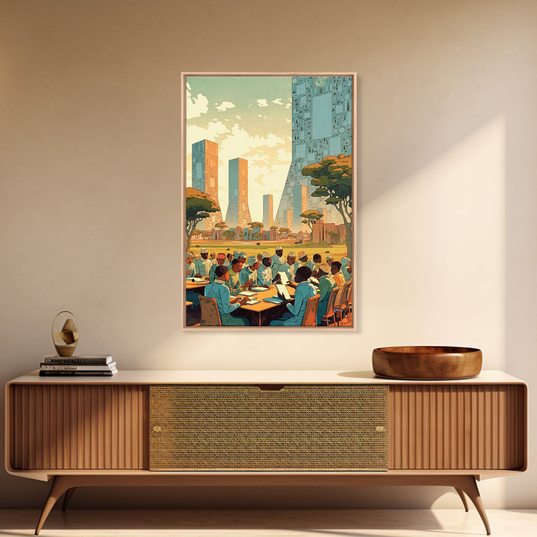 Futuristic African Scholars Skyline Wall Art, Afrocentric Art Print, Modern African Art, Office Decor, Cultural Wall Decor