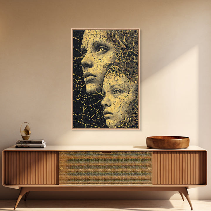 Golden Mother And Child Cosmic Wall Art, Black Woman Art, African American Art, Spiritual Wall Decor, Dreamy Canvas Print