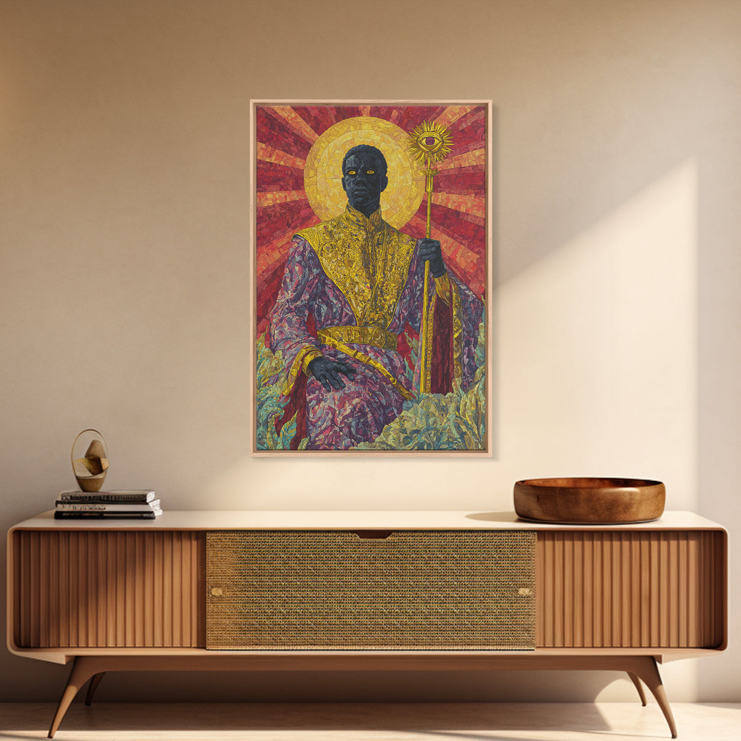 Regal Black Sun Priest Framed Canvas Print, African Queen Art, Black Goddess Art, Gold Jewelry Canvas, Statement Wall Decor