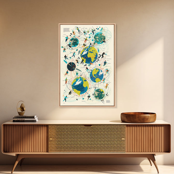 Abstract Global Network People Wall Art, Modern African Inspired Digital Art, Geometric Office Decor, World Map Canvas Print
