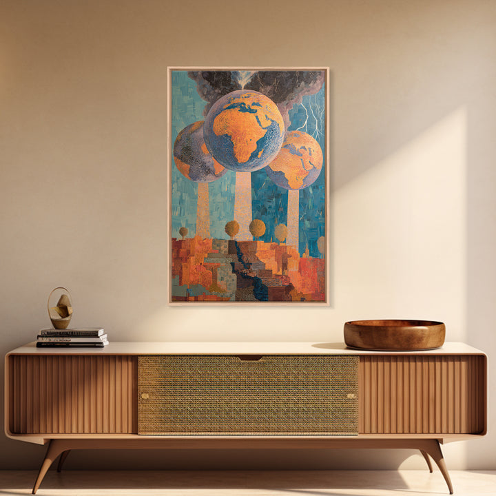 Surreal Africa Globe Trees Stormy City Wall Art, Modern African Art Print, Orange Blue Statement Decor, Afrofuturism Canvas Print