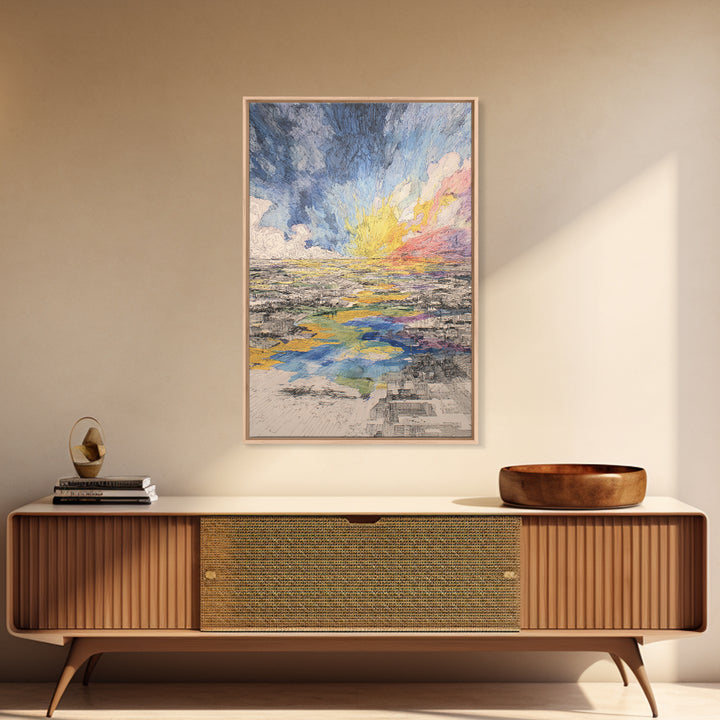 Radiant Abstract City And River Sunrise Canvas Print, Modern African Inspired Wall Art, Colorful Landscape Office Decor Gift