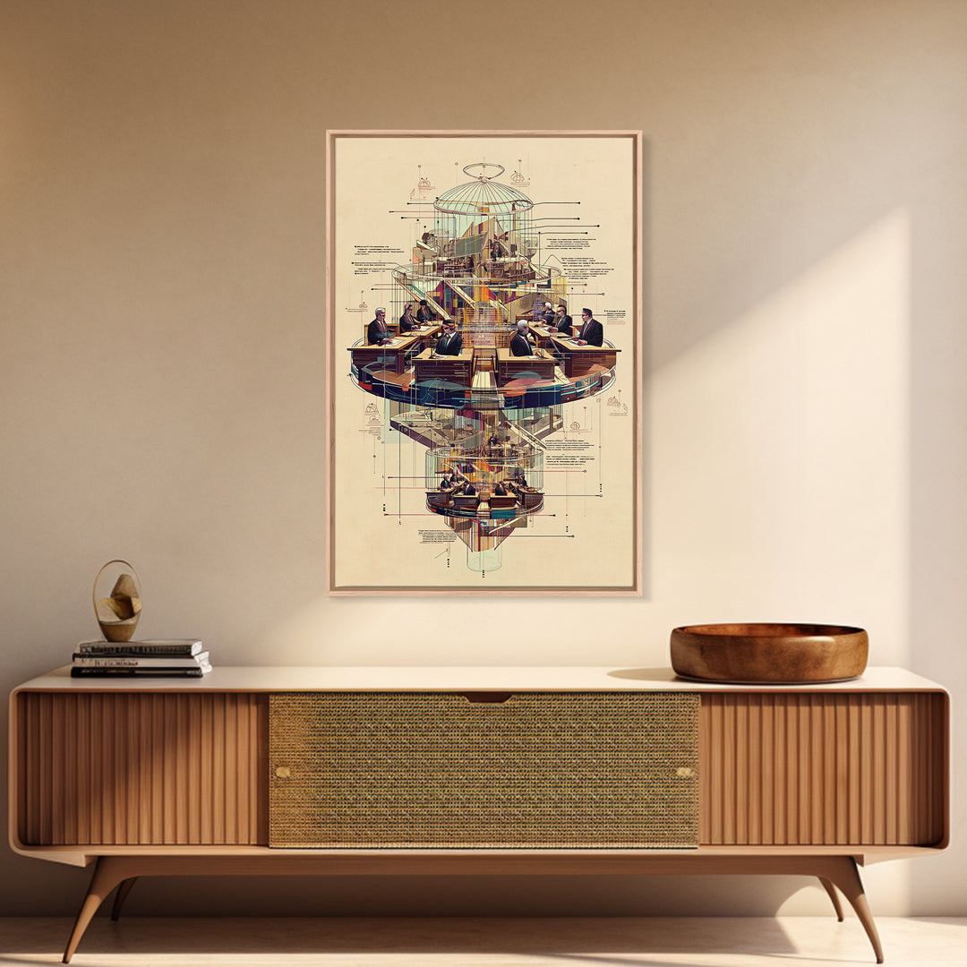 Futuristic Council Chamber Wall Art, Architectural Diagram, Modern Afrocentric Decor, Geometric Office Canvas Print Gift