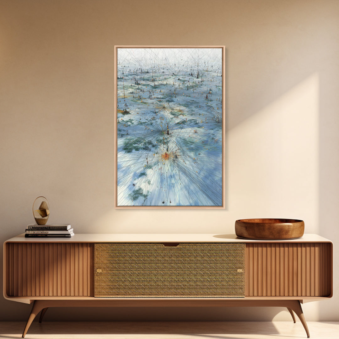 Icy Network Landscape Wall Art, Blue Abstract Field, Dreamy Modern Canvas Print, Minimalist Office Decor Gift, Large Home Decor