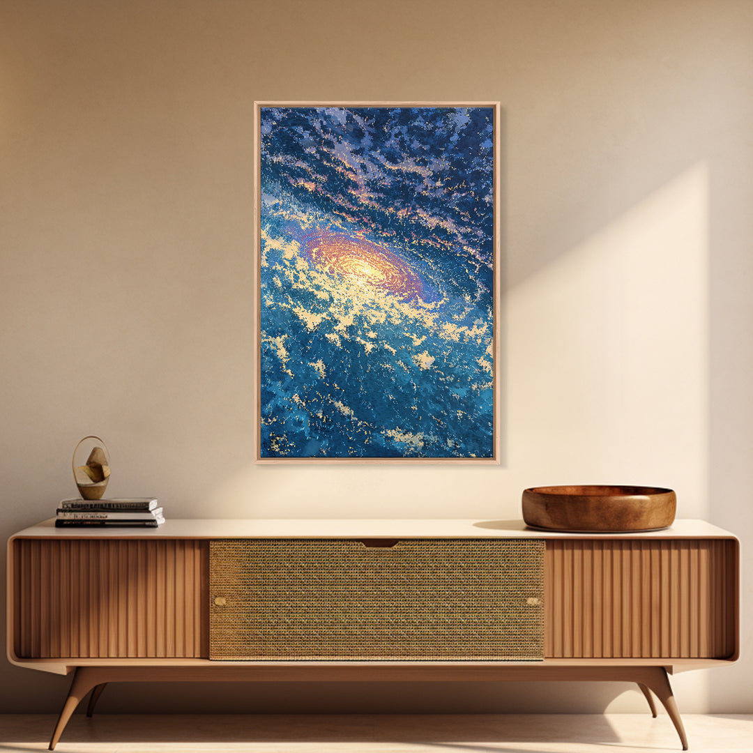 Blue Galaxy Vortex Wall Art, Swirling Cosmic Abstract, Gold Starry Canvas Print, Dreamy Luxury Decor Gift For Home Office