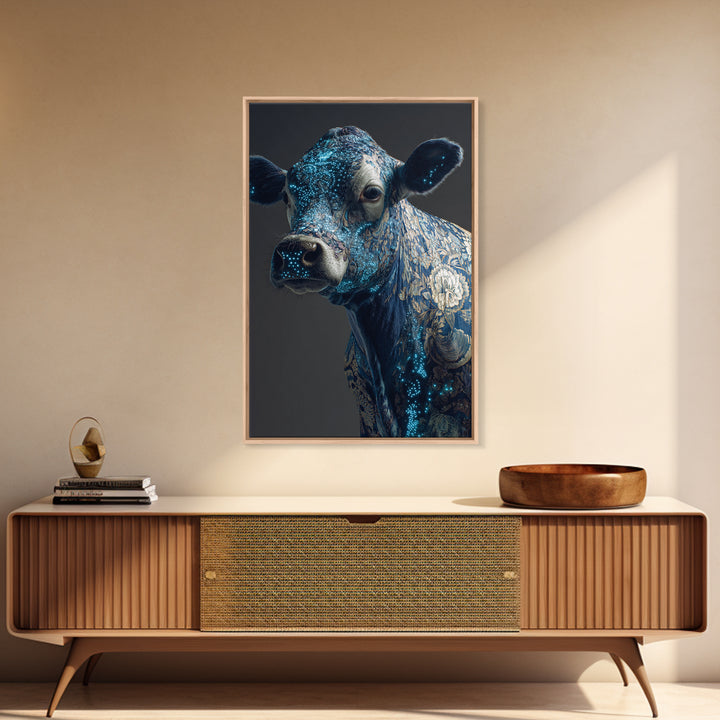 Blue Floral Cow Portrait Framed Canvas Print, Ornate Animal Wall Decor, Farmhouse Painting, Luxury Modern Home Decor Gift