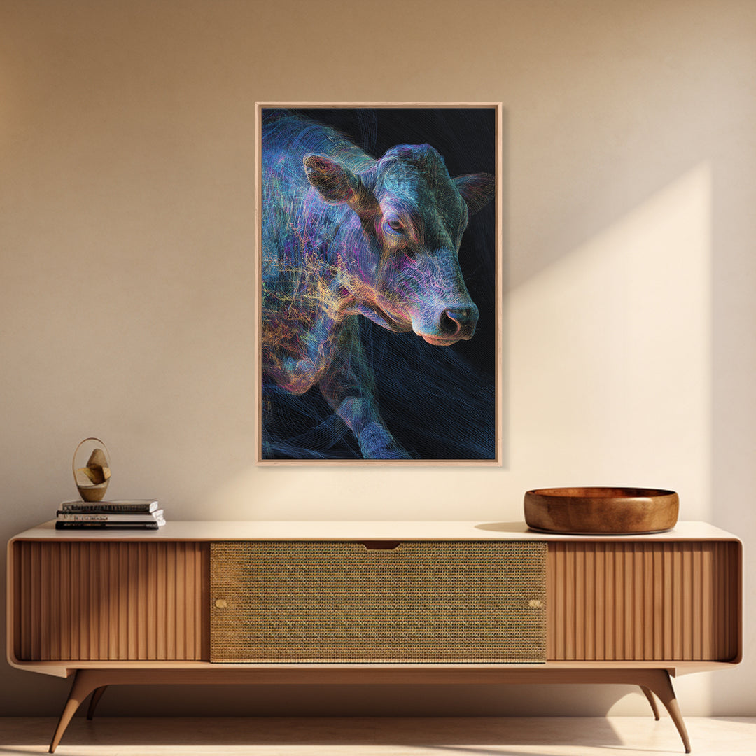 Neon Rainbow Cow Portrait Canvas Print, Abstract Animal Wall Decor, Electric Blue Farmhouse Art, Modern Black Home Decor