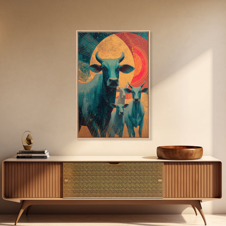 Retro Teal Cattle Family Canvas Print, Orange Sun Animal Wall Decor, Southwestern Farm Painting, Bold Living Room Art Gift