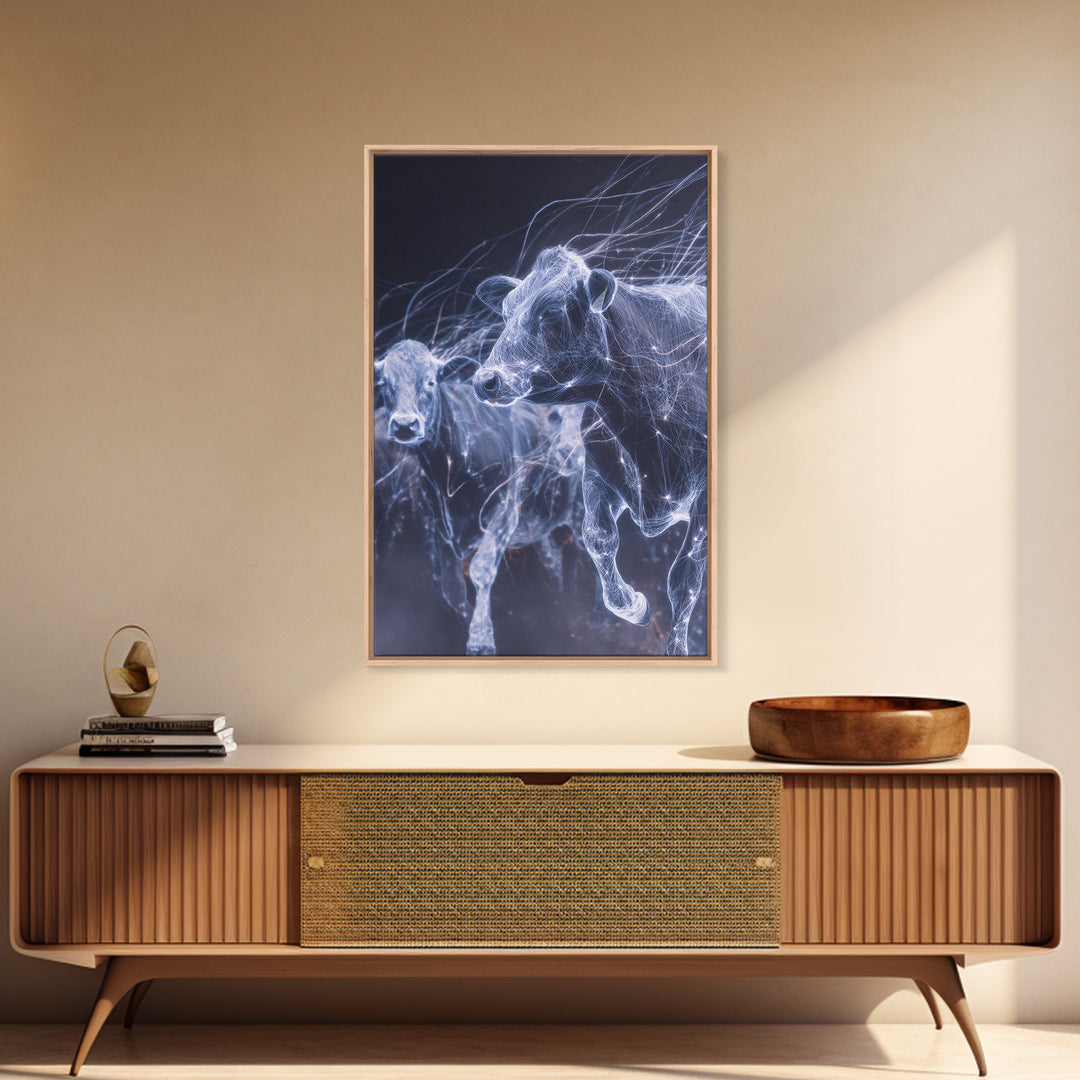 Glowing Running Cows Wall Art, Ethereal Blue Animal Canvas Print, Motion Study Farm Decor, Dreamy Modern Statement Piece