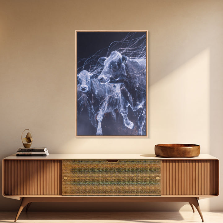 Glowing Running Cows Wall Art, Ethereal Blue Animal Canvas Print, Motion Study Farm Decor, Dreamy Modern Statement Piece