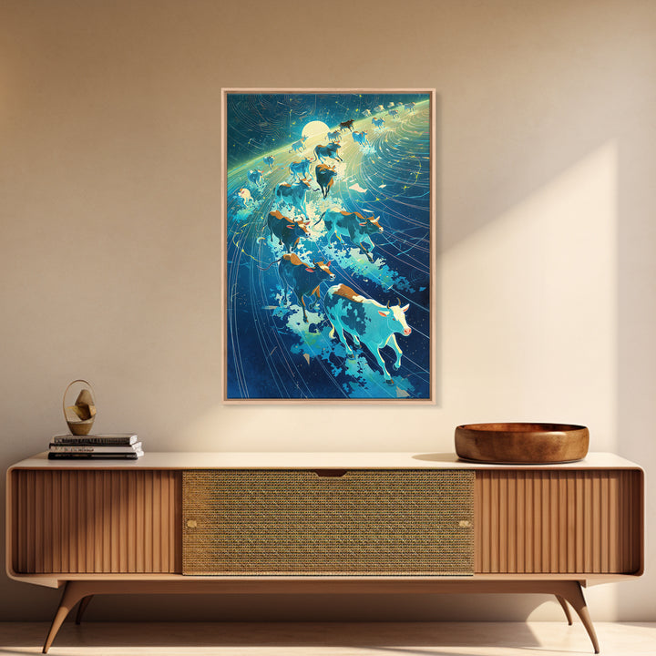 Cosmic Cattle Herd In Motion Wall Art, Blue Galaxy Animal Canvas Print, Dynamic Farm Decor, Unique Living Room Statement