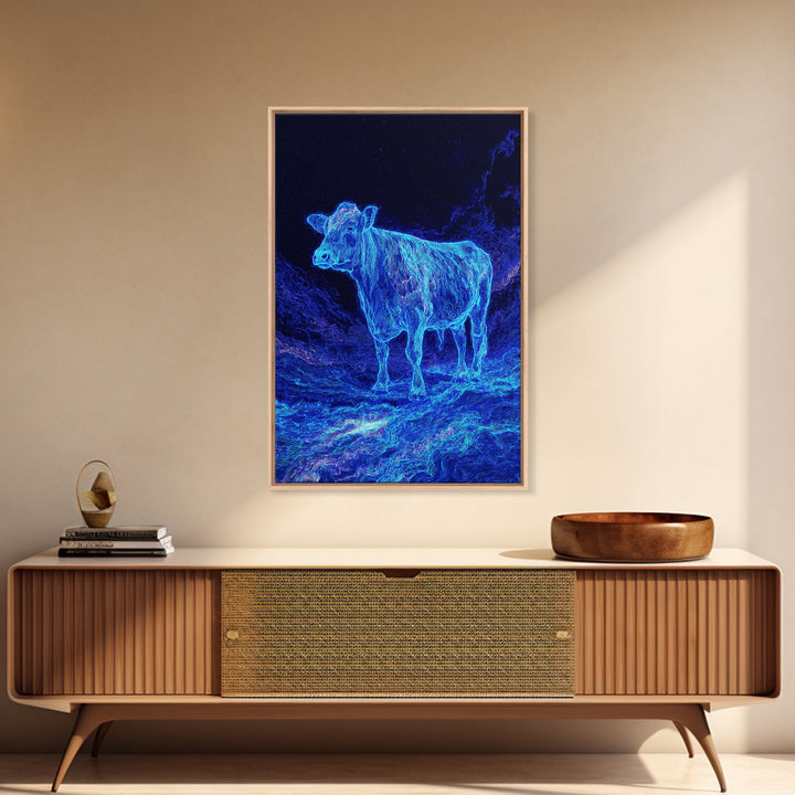Electric Blue Cow Landscape Canvas Print, Neon Animal Wall Art, Mystical Night Farm Decor, Modern Nature Scene Painting Gift