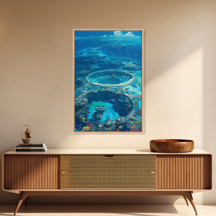 Underwater Ocean City With Coral Reef, Canvas Print, Blue Beach Art, Modern Wall Decor, Living Room Art, Unique Home Decor Gift