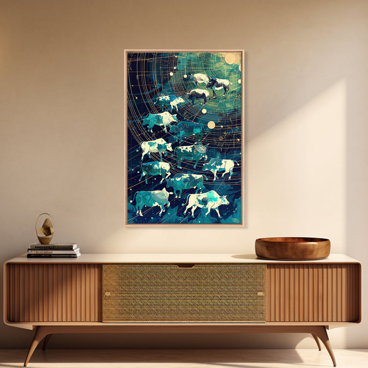 Celestial Cattle Herd Under Golden Star Map, Wall Art, Farm Animal Painting, Modern Canvas Art, Rustic Decor, Unique Gift