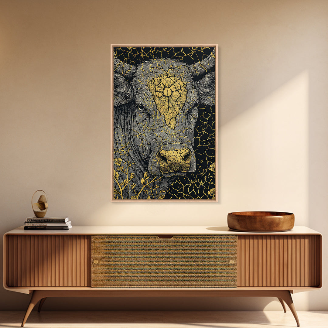 Cracked Gold Bull Portrait With Horns, Framed Canvas Print, Animal Wall Art, Black And Gold Art, Rustic Decor Statement Piece