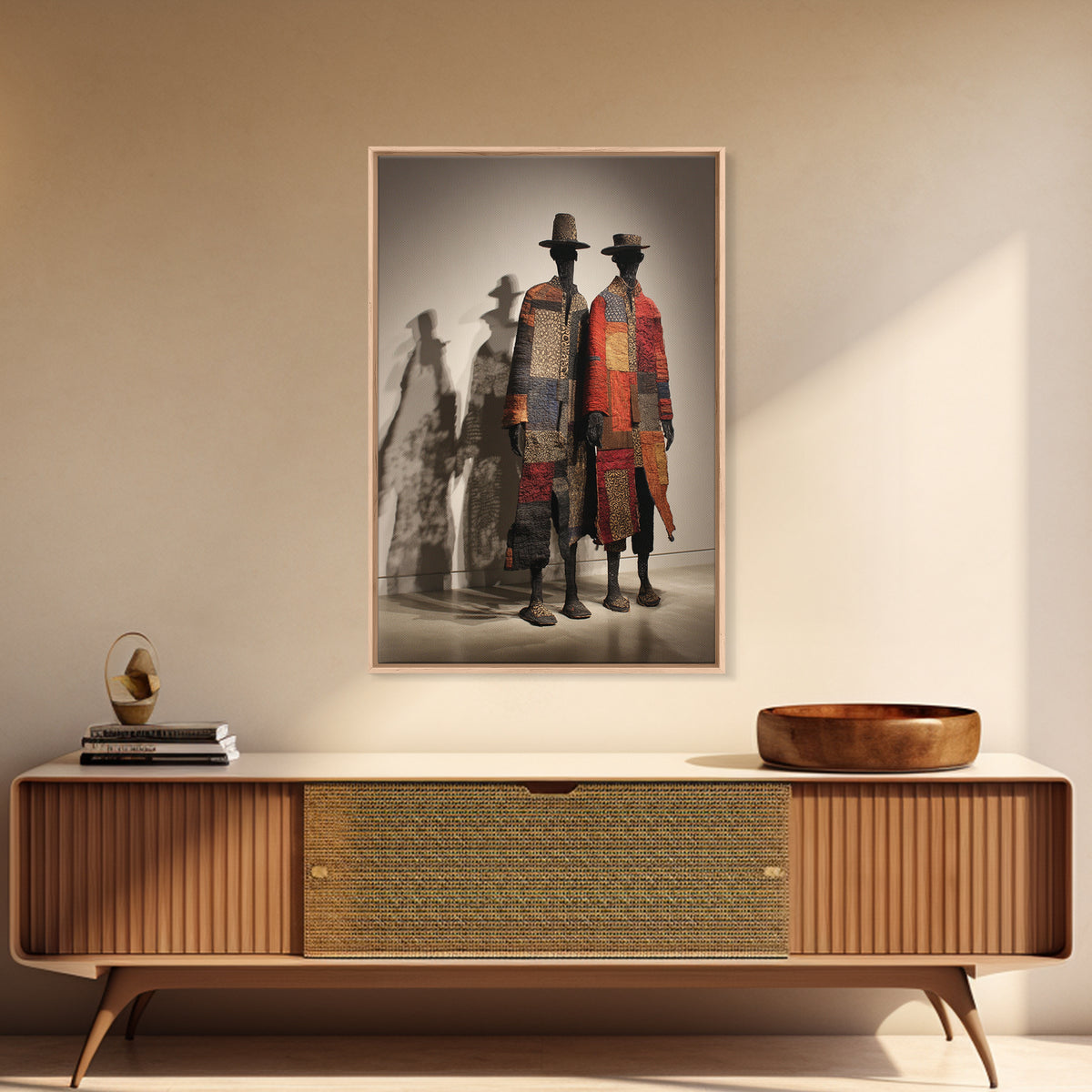 Patchwork African Textile Figures In Hats, Framed Canvas Print, African Art Sculpture, Tribal Decor, Cultural Home Decor Gift