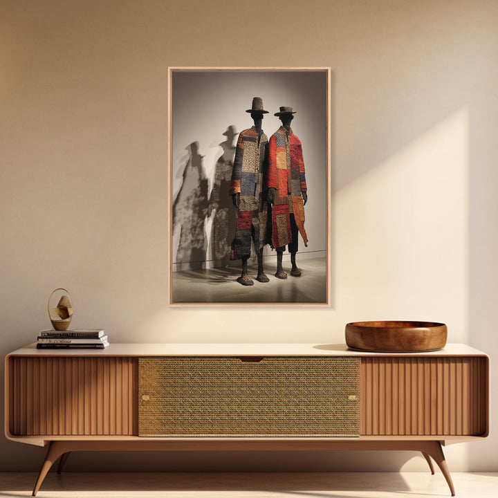 Patchwork African Textile Figures In Hats, Framed Canvas Print, African Art Sculpture, Tribal Decor, Cultural Home Decor Gift
