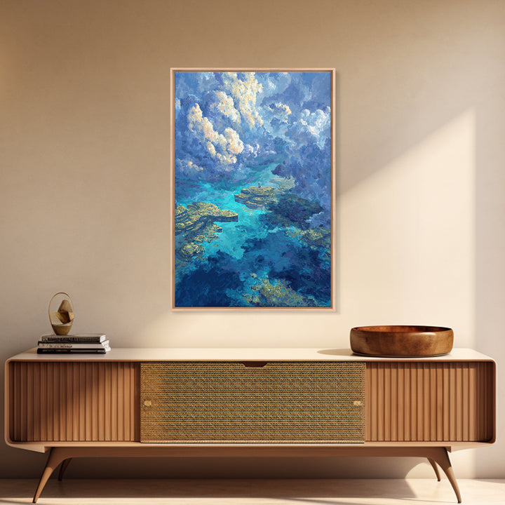 Dreamy Turquoise Ocean And Cloudscape Wall Art, Blue Nature Scene Art, Coastal Fantasy Landscape, Modern Canvas Decor Gift