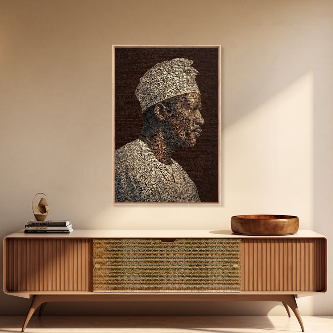 Sepia African Man Profile In Text Canvas Print, Black Man Artful Portrait, African American Art, Cultural Wall Decor Gift