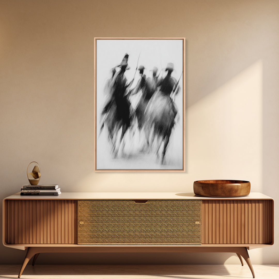 Blurred African Warriors Framed Canvas Print, Tribal Horsemen Wall Decor, Black And White Safari Art, Cultural Home Gift