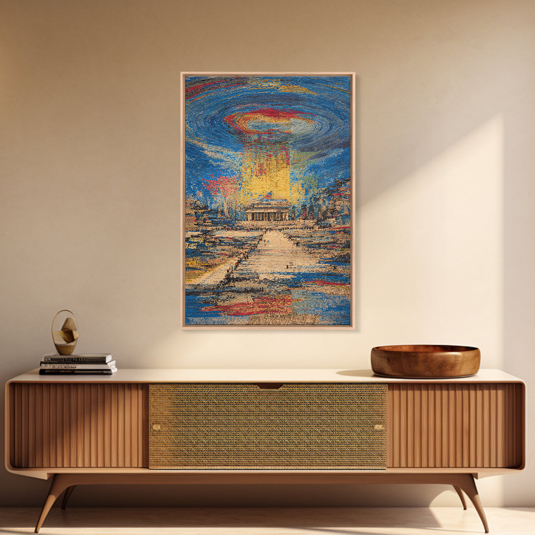 Monument Under Cosmic Portal, Modern Wall Art, Framed Canvas Print, Cityscape Home Decor, Sci Fi Abstract Statement Gift