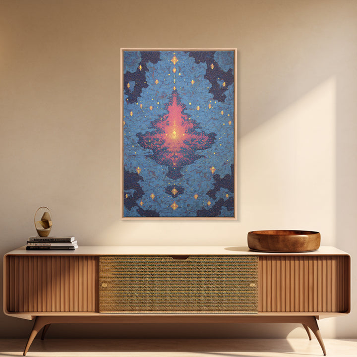 Blue Pink Glowing Mandala Reflection, Abstract Wall Art, Modern Canvas Print, Spiritual Meditation Room Decor, Colorful Gift