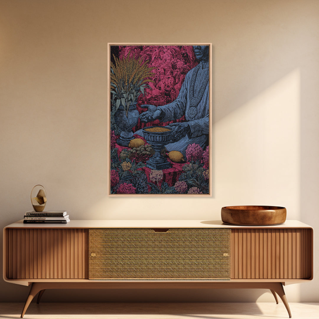 Floral Ritual Still Life With Reaching Hand, Cultural Wall Art, Framed Canvas Print, Afrocentric Ceremony Home Decor Gift