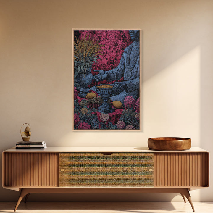 Floral Ritual Still Life With Reaching Hand, Cultural Wall Art, Framed Canvas Print, Afrocentric Ceremony Home Decor Gift
