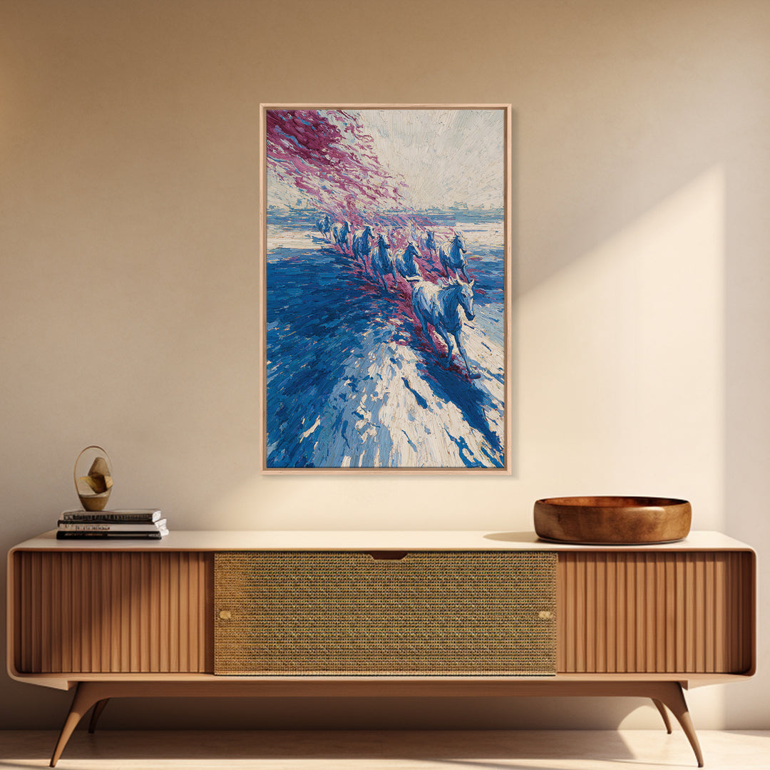 Blue Horses Running On Beach Wall Art, Abstract Coastal Canvas, Wild Horse Painting, Modern Living Room Decor Statement Gift