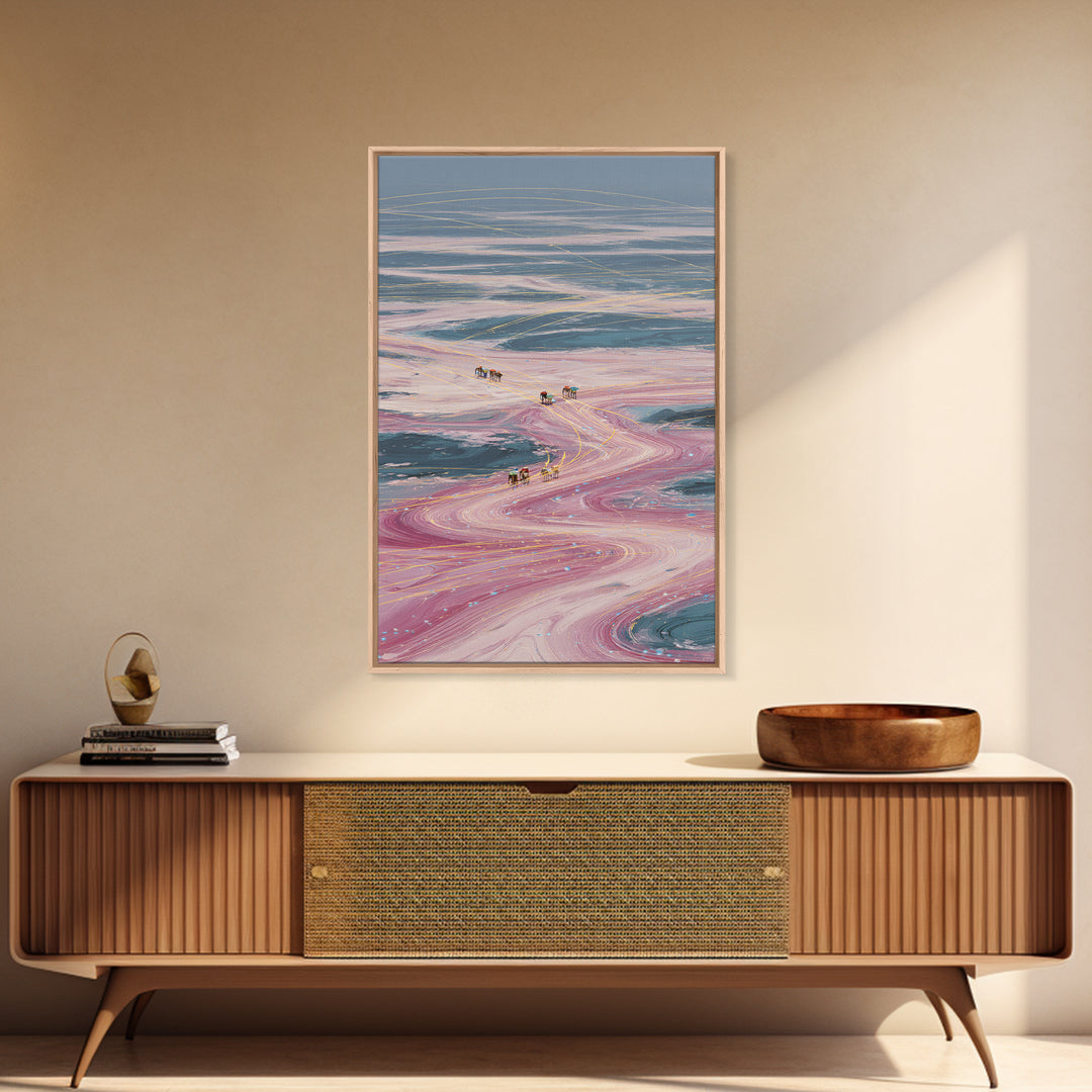 Pastel Desert Caravan Trails Canvas Print, Surreal Landscape Wall Decor, Dreamy Abstract Art For Unique Modern Home Decor