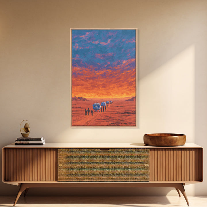 Futuristic Desert Convoy At Sunset Wall Art, Orange Sci Fi Landscape, Mars Travel Poster, Modern Canvas Statement Decor Gift