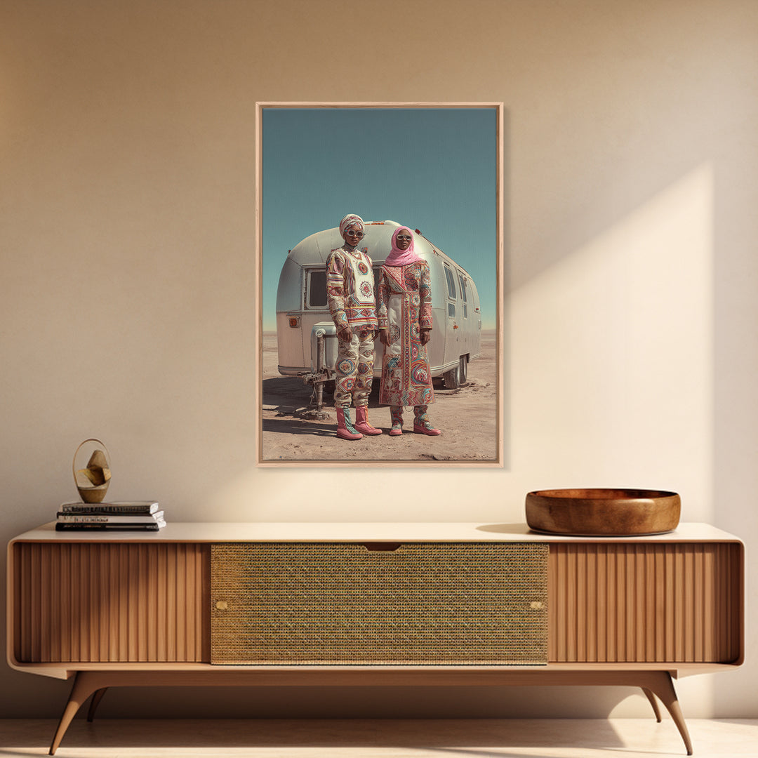 Afrofuturist Desert Couple Framed Canvas Print, African Fashion Portrait, Unique Camper Travel Wall Decor, Black Art Gift