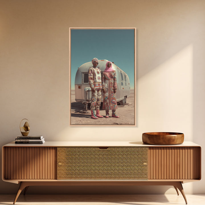 Afrofuturist Desert Couple Framed Canvas Print, African Fashion Portrait, Unique Camper Travel Wall Decor, Black Art Gift